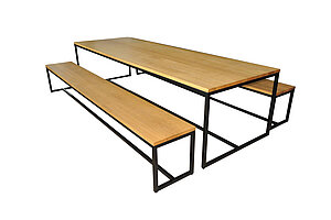 3-tlg. Set / 2 x Sitzbank mit Tisch / eiche hell Massiv / Gestell schwarzgrau
