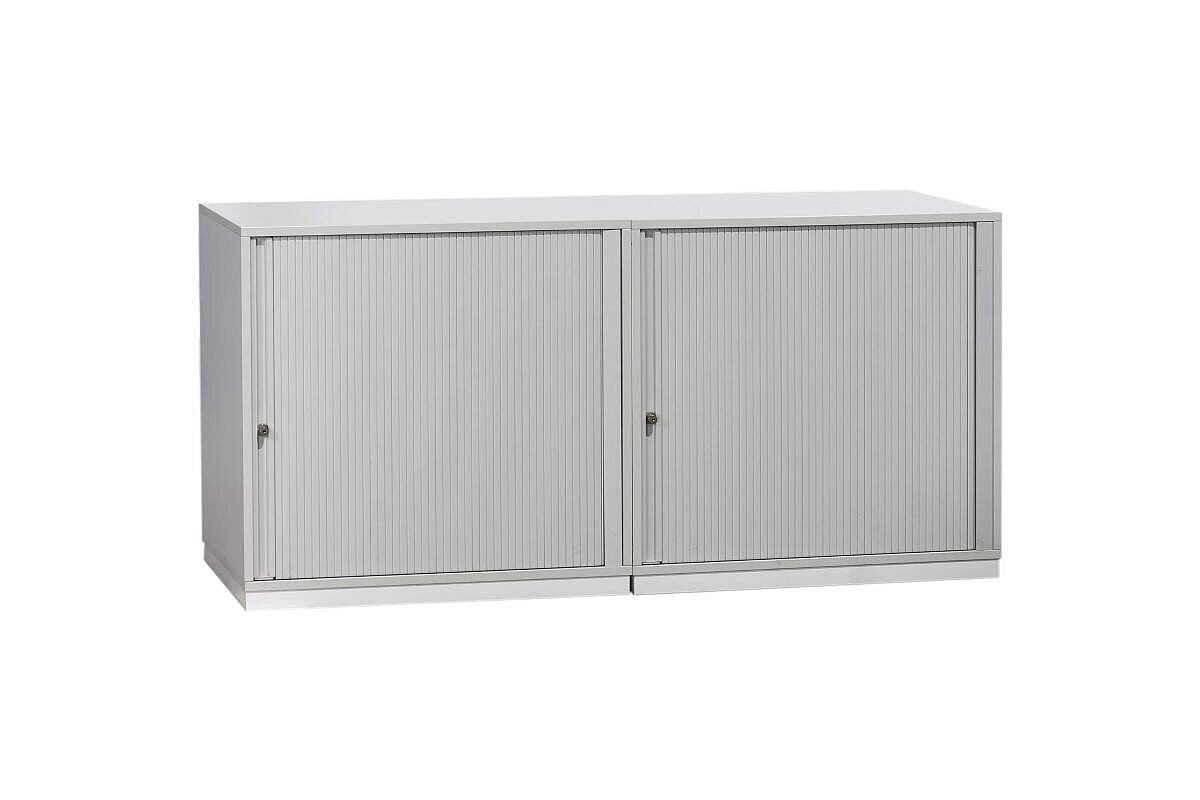 Doppel-Sideboard / Ophelis Pfalzmöbel / weiß / Querrolllade mit Akustiklochung - Sockel silber