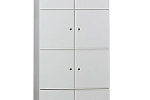 Fächerschrank / Sedus 'grand slam' / weiß / Abdeckplatte Umleimer schwarz / 8 Fächer