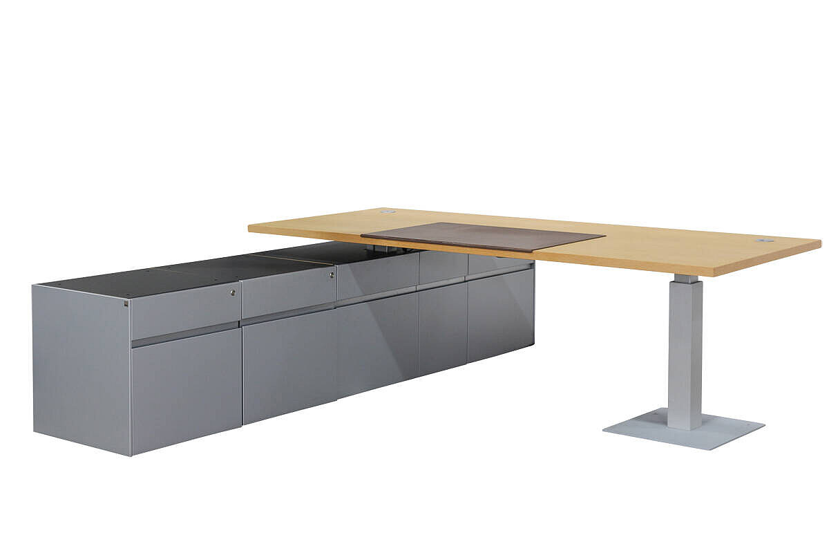 Chef-Arbeitsplatz / RENZ 'SONO K36' / Memory Display / elektrisch höhenverstellbar / eiche matt / integrierter Stauraum silbergrau