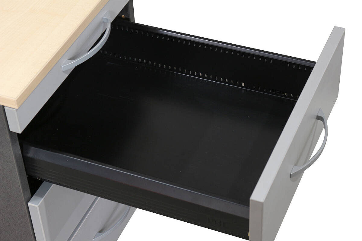 Rollcontainer / MBT / anthrazit / Abdeckplatte ahorn / Schubladen silbergrau / 60 cm