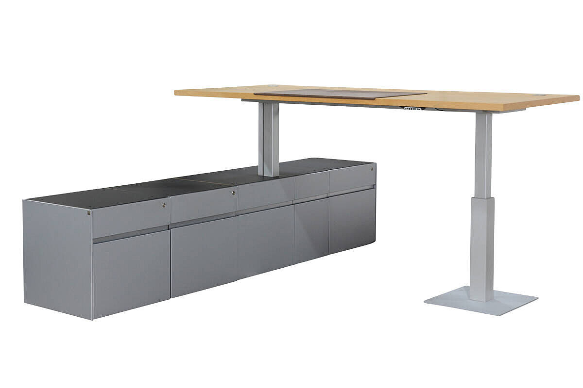Chef-Arbeitsplatz / RENZ 'SONO K36' / Memory Display / elektrisch höhenverstellbar / eiche matt / integrierter Stauraum silbergrau