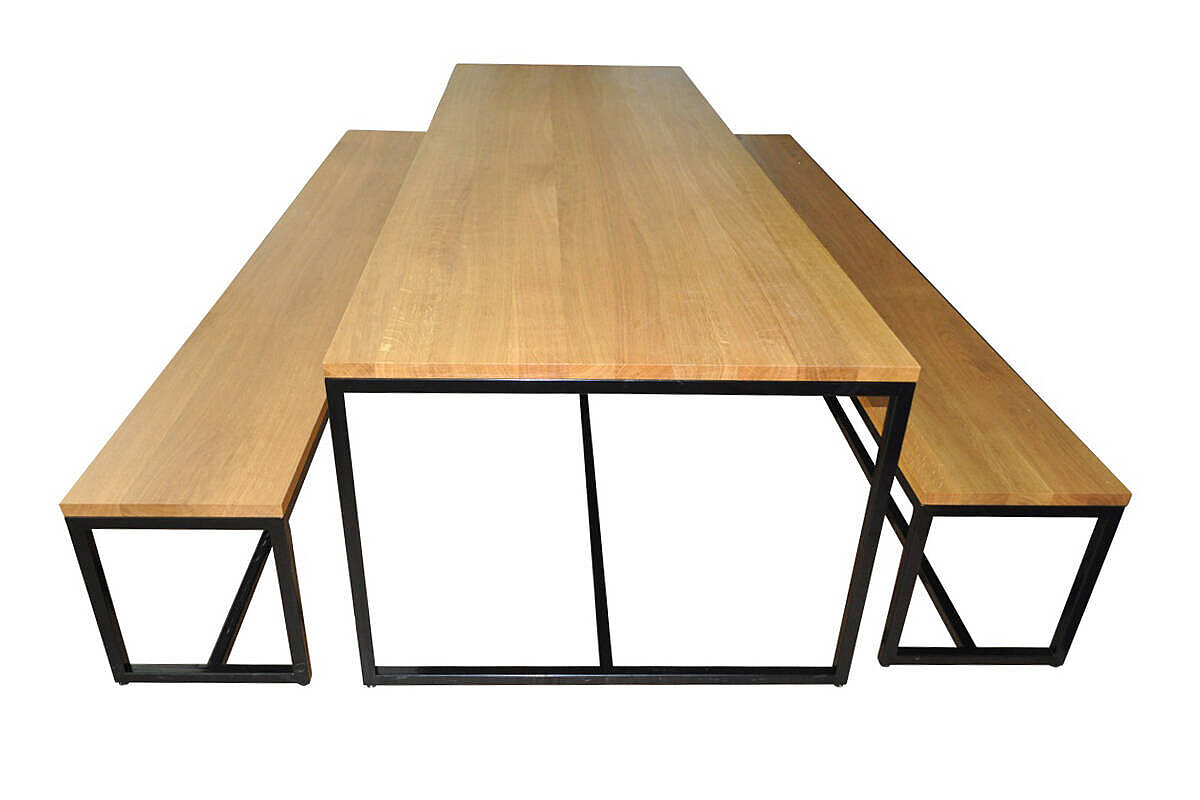 3-tlg. Set / 2 x Sitzbank mit Tisch / eiche hell Massiv / Gestell schwarzgrau