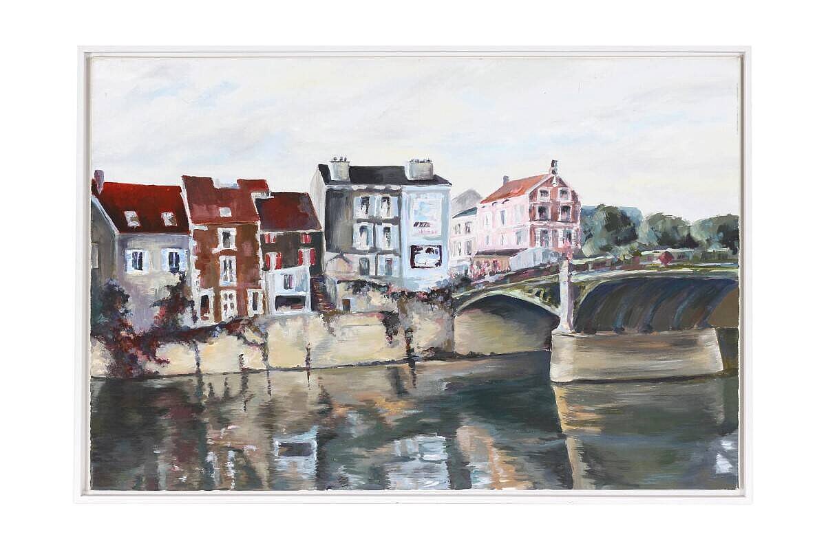 Gemälde 'Stadt am Fluß', 64 x 94 cm