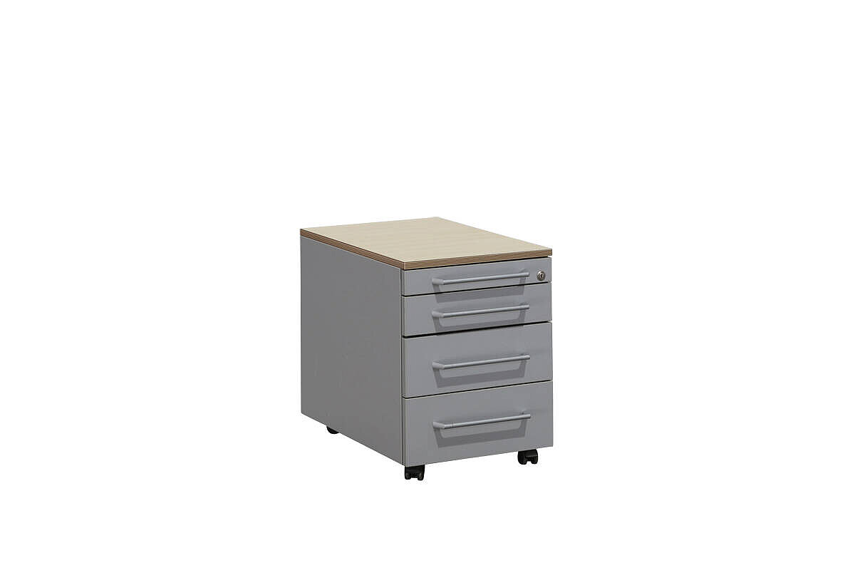 Rollcontainer / Ophelis Pfalzmöbel / silbergrau / Abdeckplatte ahorn mit Multiplex Umleimer / 60 cm