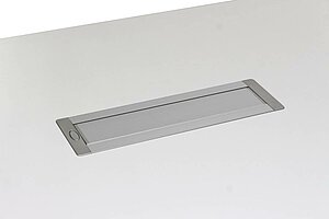 Besprechungstisch / USM Haller / 150 x 75 cm / perlgrau / Turnbox mit 5 Modulen