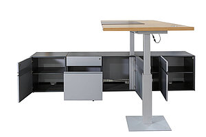 Chef-Arbeitsplatz / RENZ 'SONO K36' / Memory Display / elektrisch höhenverstellbar / eiche matt / integrierter Stauraum silbergrau