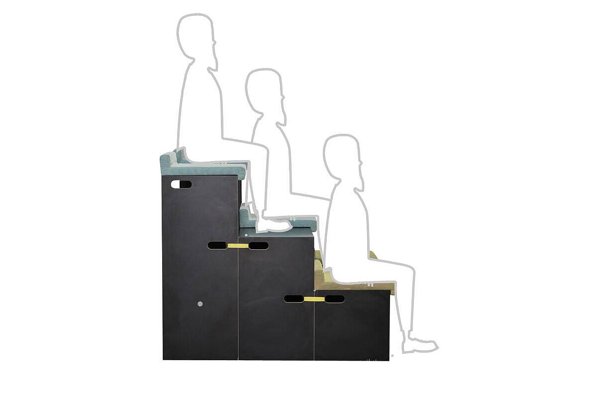 Modulares Podest / Twents GmbH 'Arena' / 3-teilig / 2 x Kissen gelb, 3 x Kissen blau