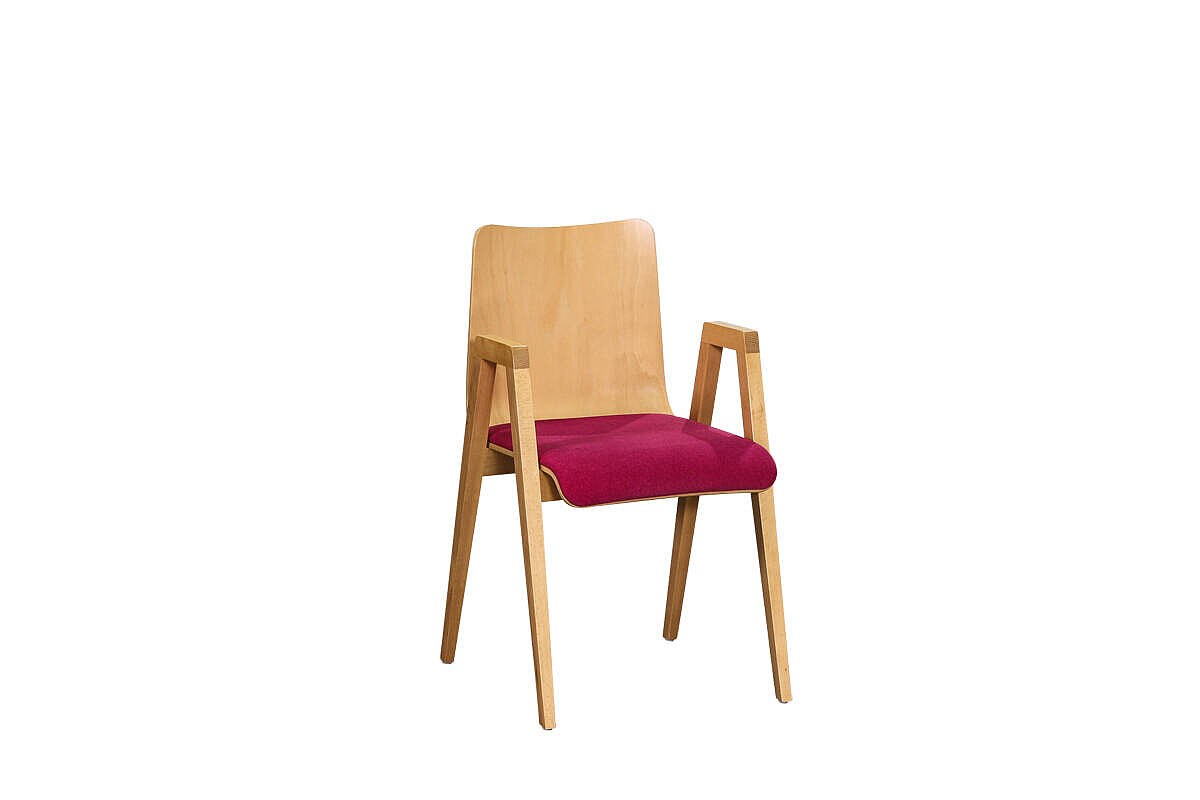 Stapelstuhl / Besucherstuhl / Paged 'LINK' / Sitzschale buche / Sitzkissen magenta / Armlehnen