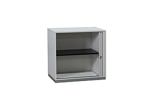 Sideboard / Ophelis Pfalzmöbel / weiß / Querrolllade mit Akustiklochung / Sockel silber