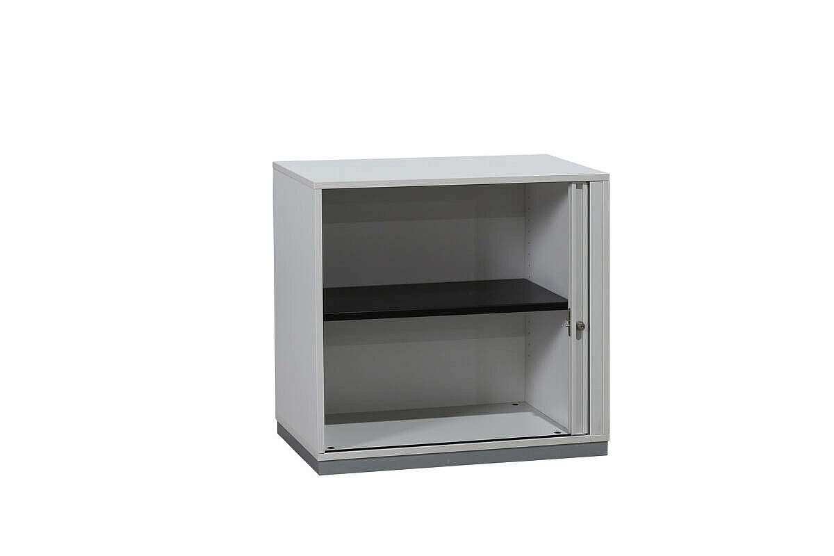 Sideboard / Ophelis Pfalzmöbel / weiß / Querrolllade mit Akustiklochung / Sockel silber