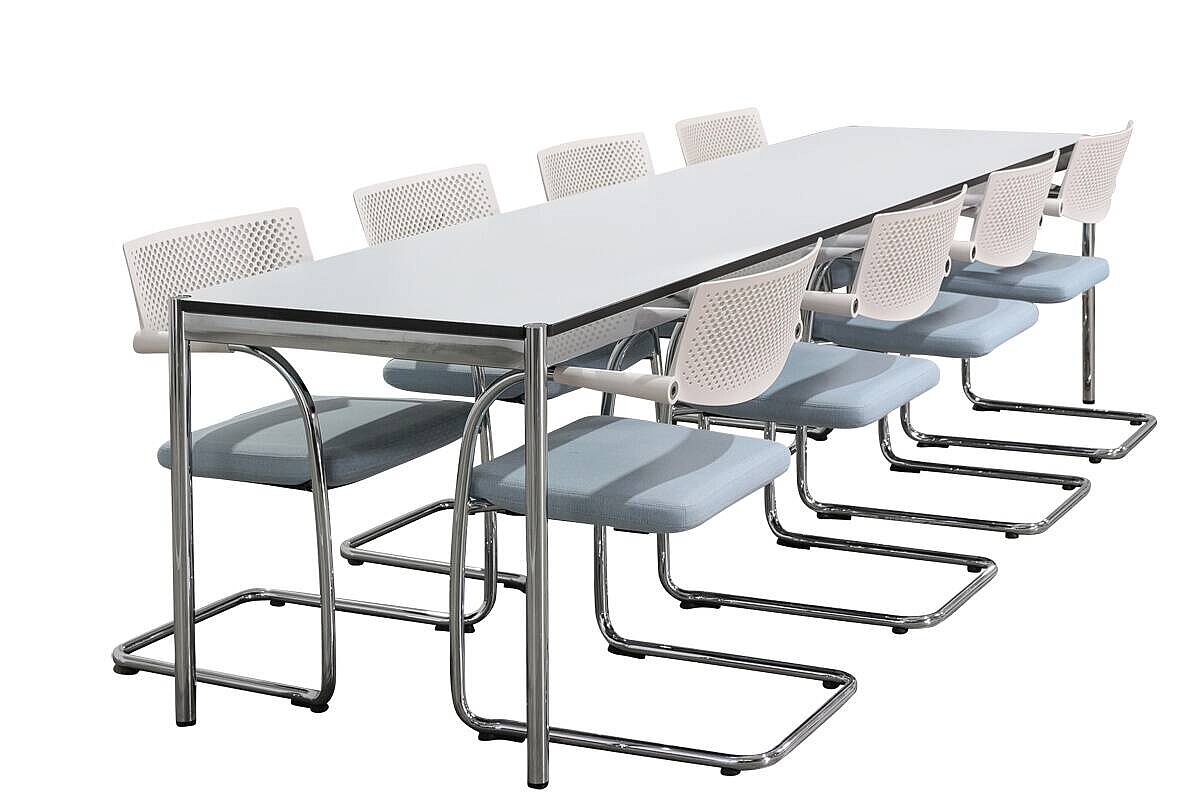 Besprechungstisch / USM Haller / 297 x 75 cm / perlgrau/schwarzer Umleimer