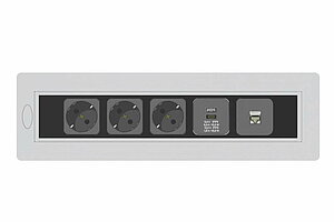 Besprechungstisch / USM Haller / 150 x 75 cm / perlgrau / Turnbox mit 5 Modulen