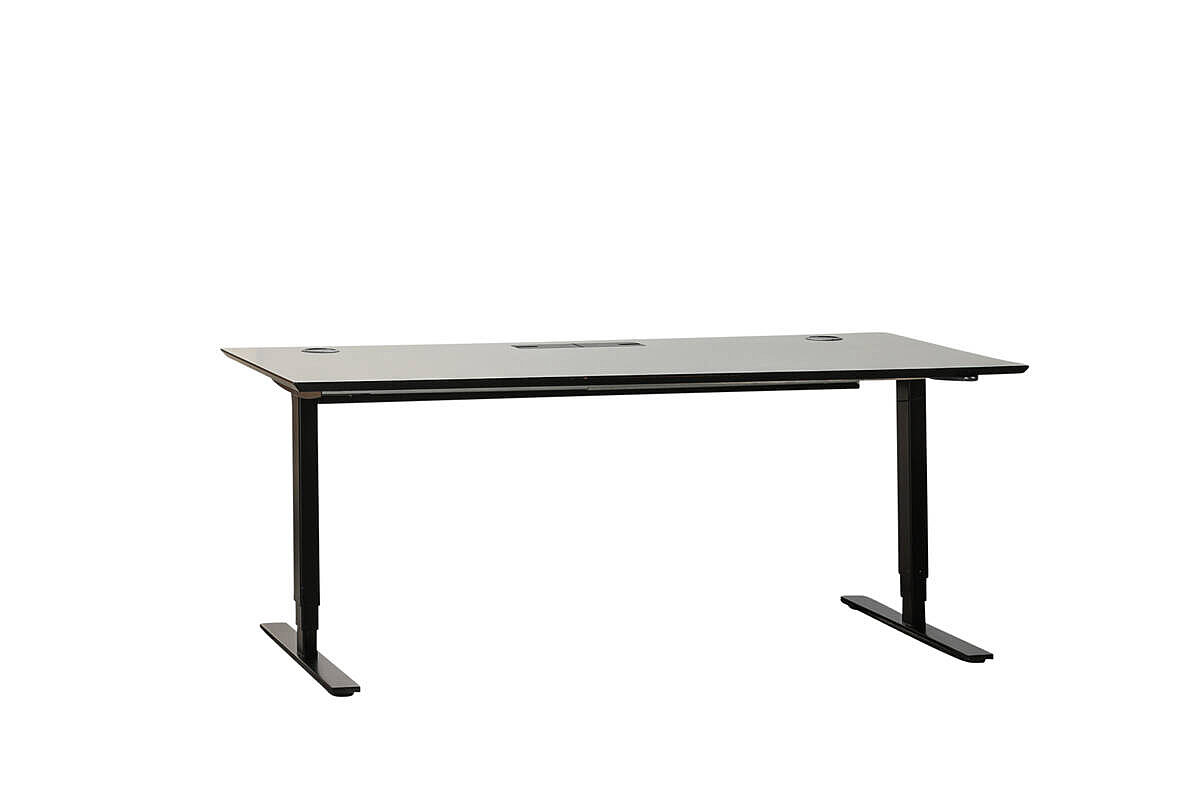 Steh-Sitz-Schreibtisch / DENCON 'Delta' / grau, Umleimer schwarz / 180 x 80 cm