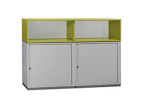 Doppel-Sideboard / Ophelis Pfalzmöbel / weiß / Querrolllade mit Akustiklochung - Sockel silber