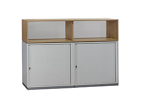 Doppel-Sideboard / Ophelis Pfalzmöbel / weiß / Querrolllade mit Akustiklochung - Sockel silber